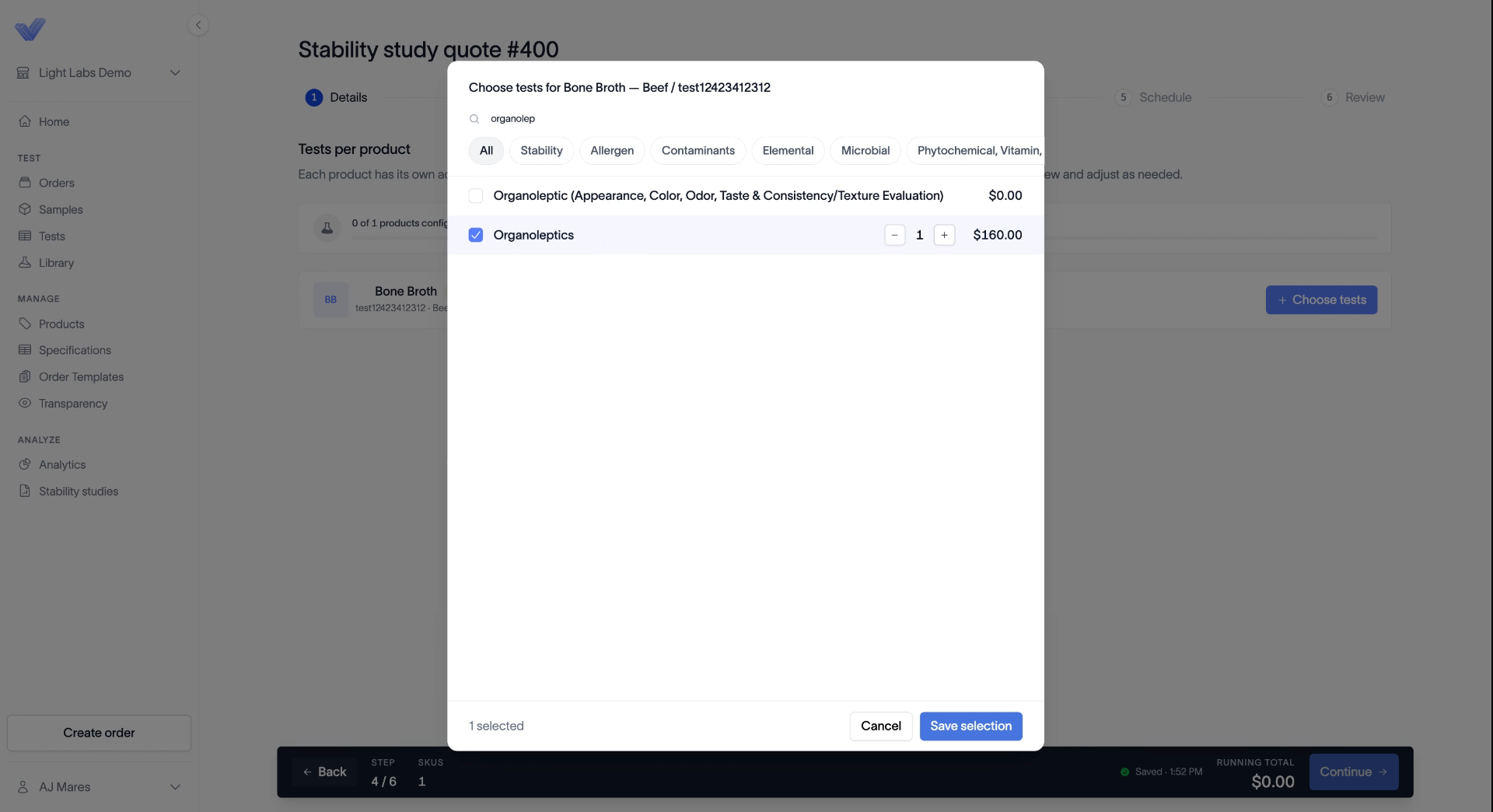 The Choose tests dialog with a test selected.