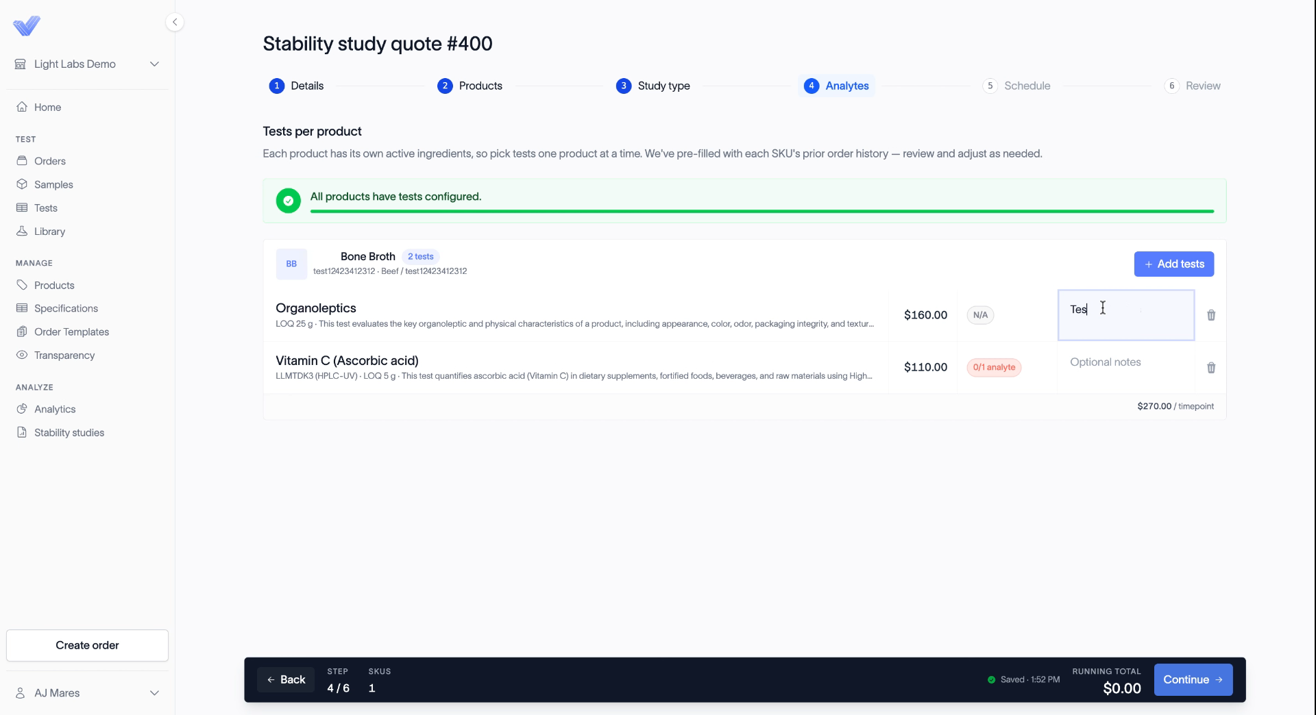 The product's tests, each with an optional notes field.