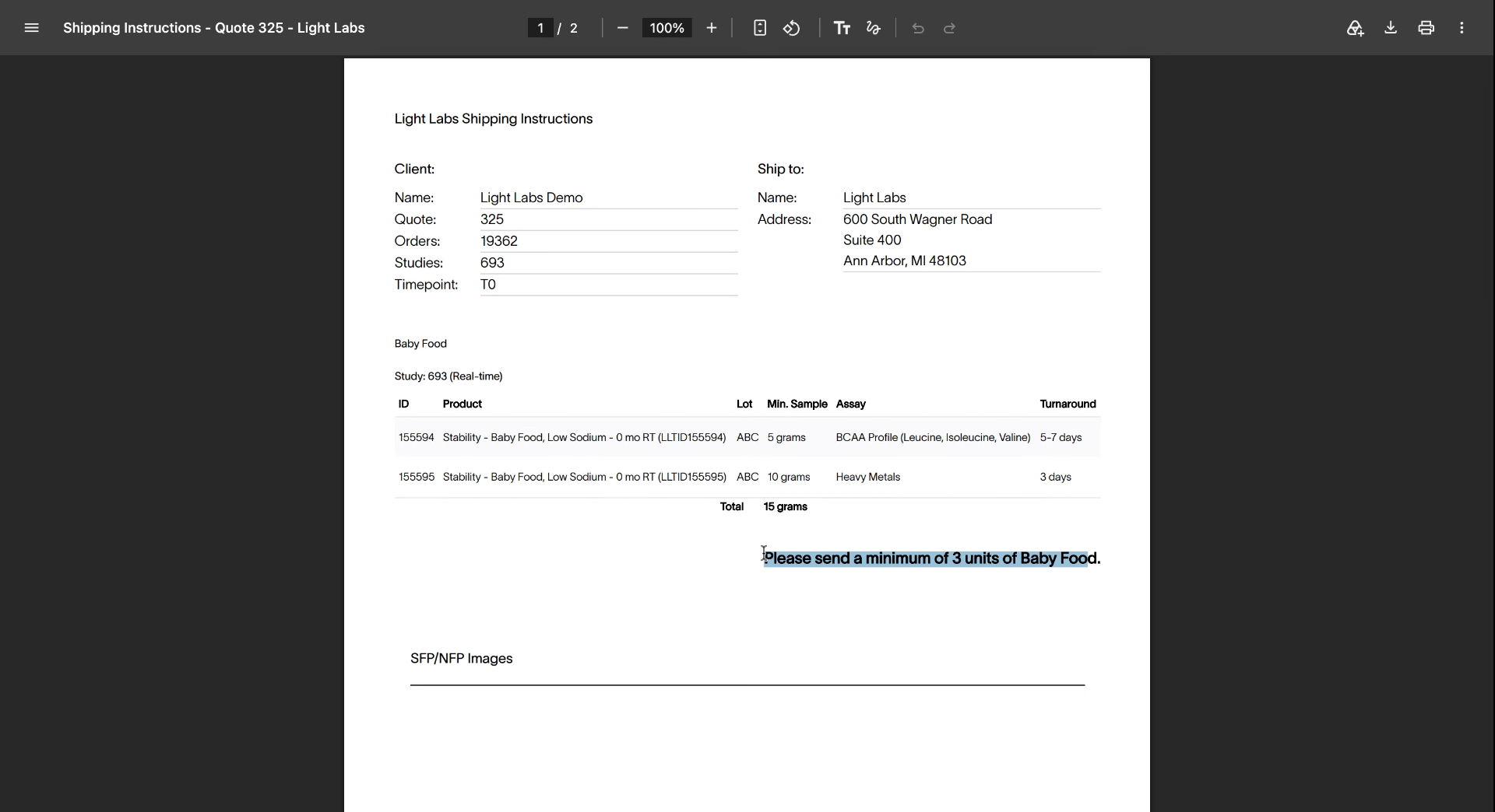 The shipping instructions, with the minimum units to send highlighted.