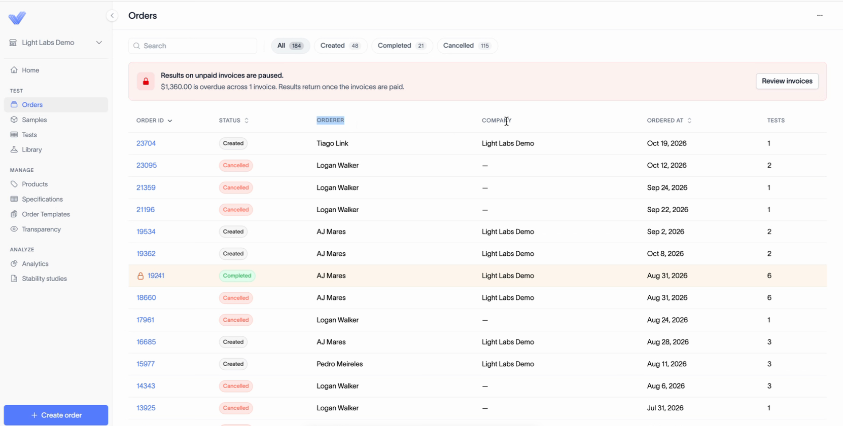 The Orders page with the All, Created, Completed, and Cancelled tabs above the list.