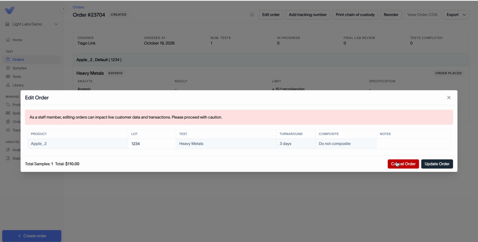 The Edit Order window with the red Cancel Order button.