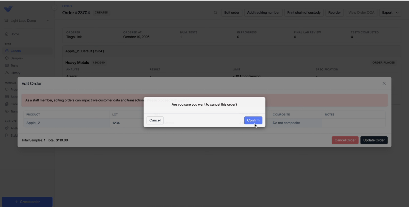 The confirmation prompt asking if you're sure you want to cancel the order.