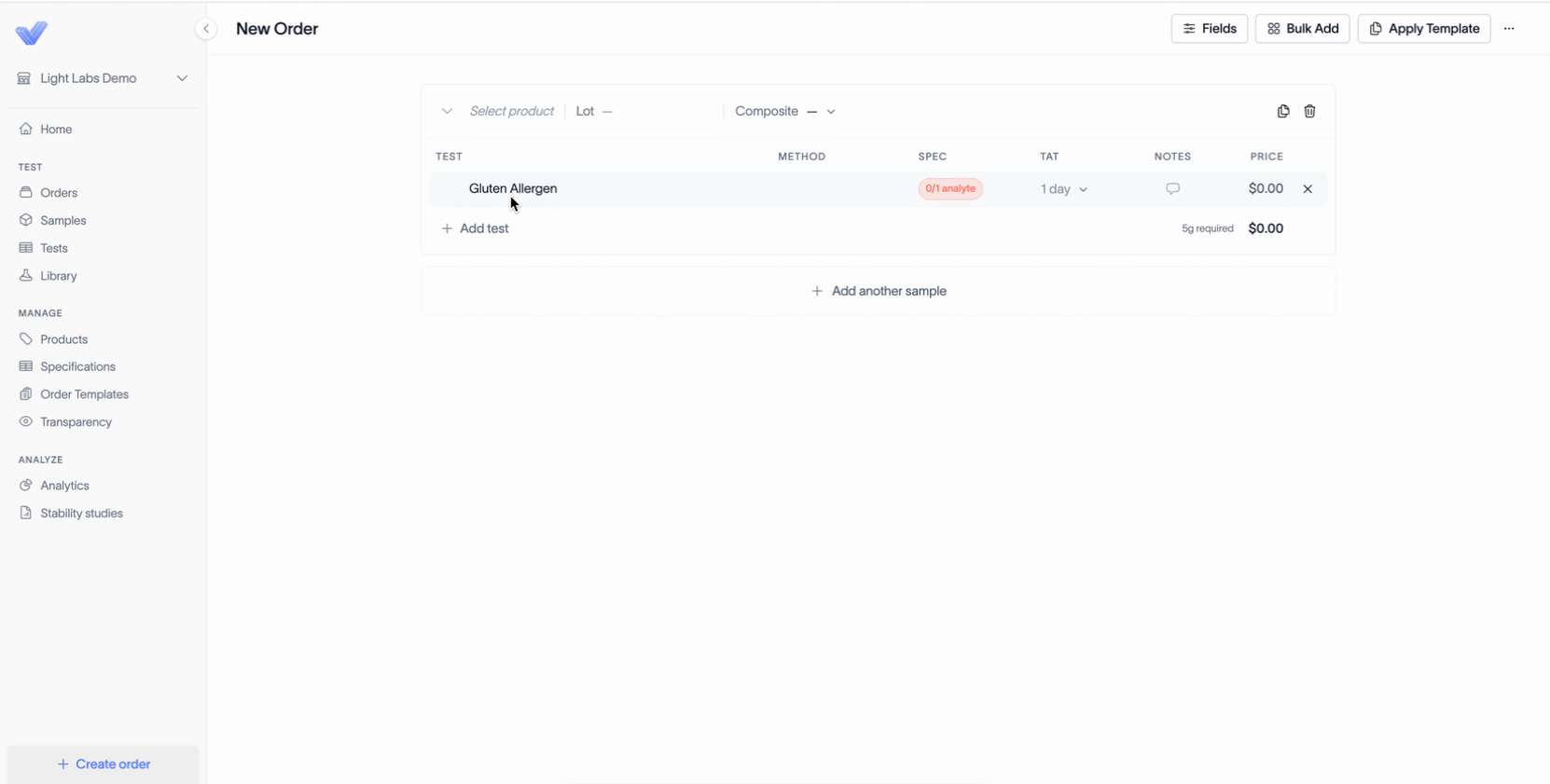 The New Order page with a product, lot, and test added, and the Check out button at the bottom right.