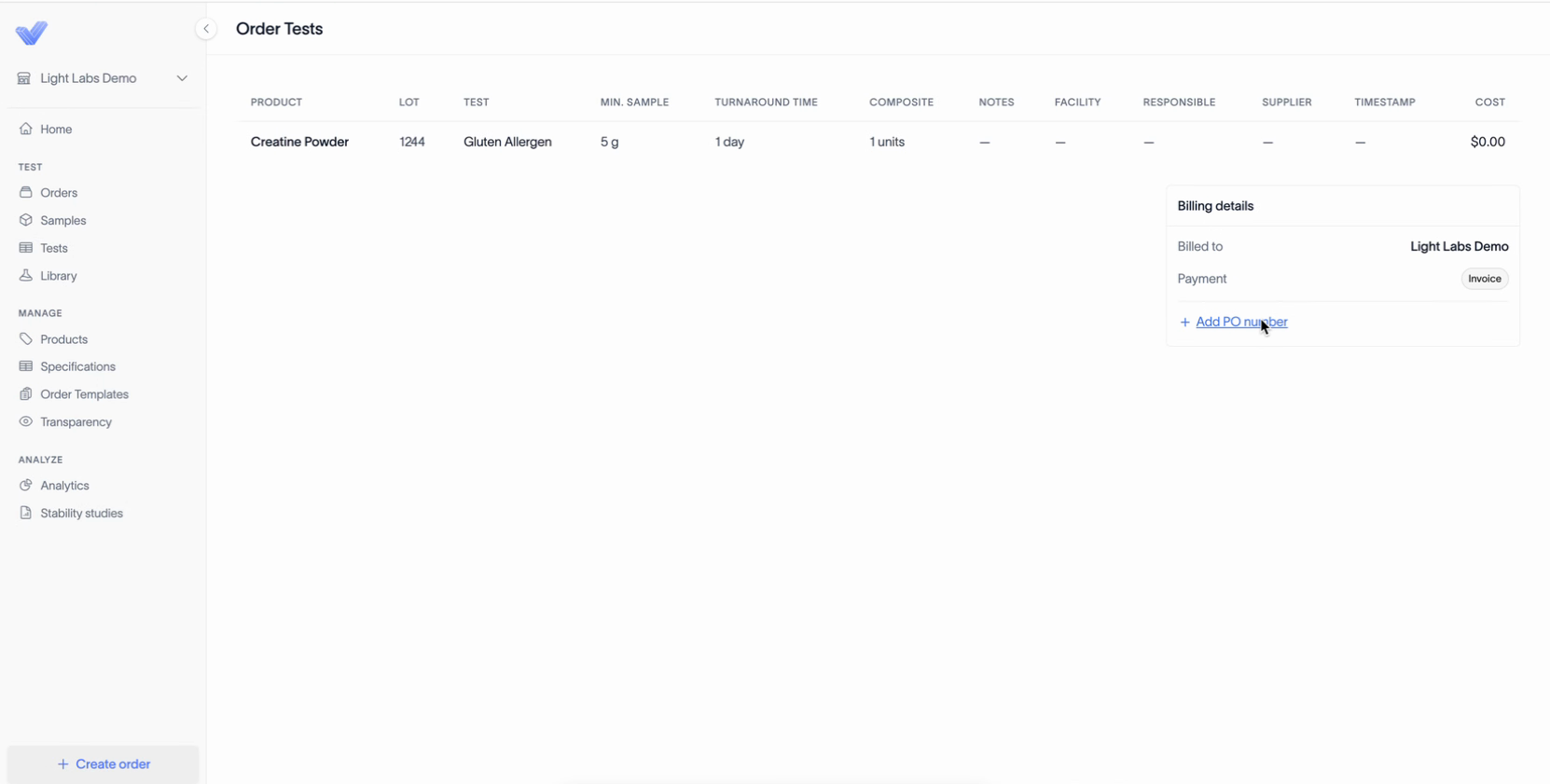The review page with the Add PO number link under Billing details.
