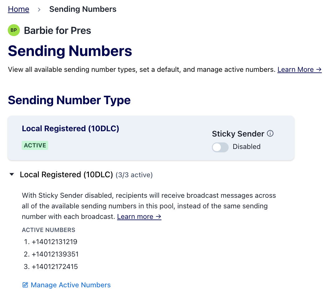 Sending Numbers page
