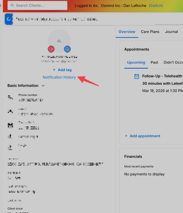 Image of a patient profile page highlighting a 'Notification History' link beneath the profile summary.