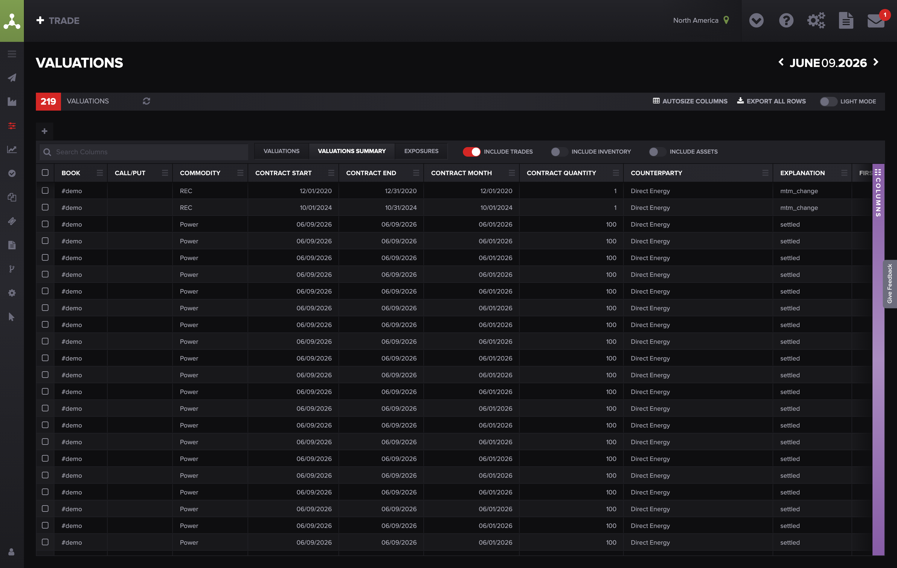 Valuations screen — rows are aggregated (by product, contract month, and book), not one row per trade.
