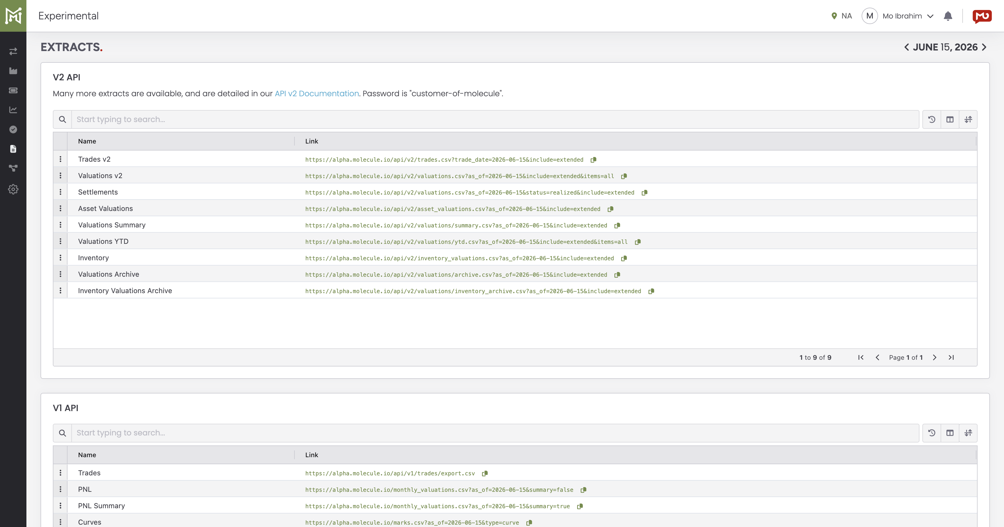 The reports area (Reports → Custom Reports / Extracts) is where scheduled outputs live; if a report is missing, you can trigger a fresh run yourself from the Batch Reports screen, and the Extracts list (shown below) is where the YTD and other extracts are available. Alt text: The Molecule Extracts screen listing available report extracts including Valuations YTD.