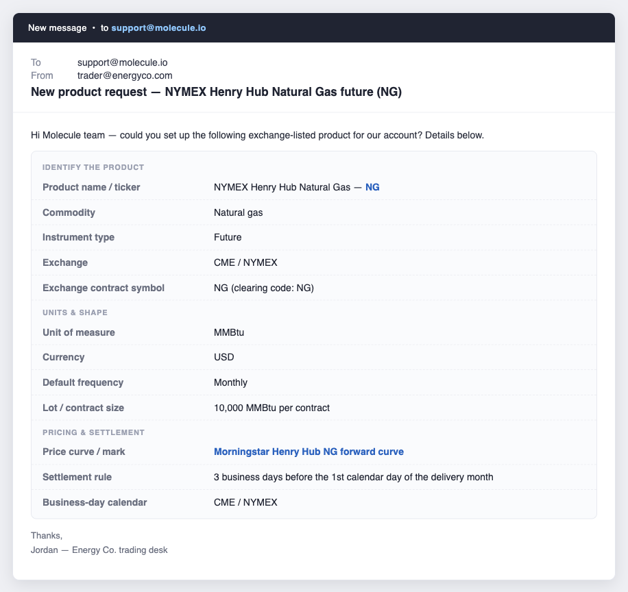 A complete request names the product, its units and shape, and — crucially — the price curve it should value against. Alt text: An example product-request email with the checklist fields filled in.