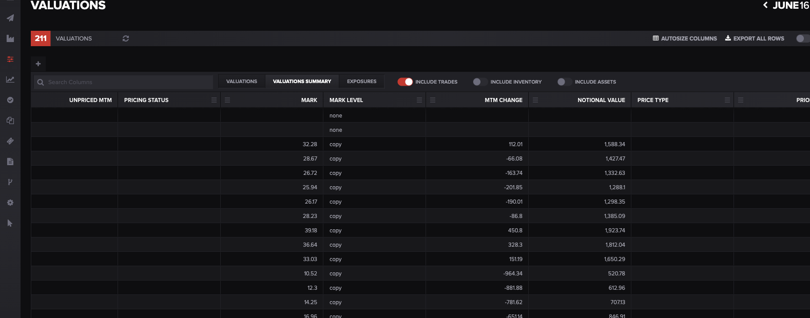 Standard valuation fields like MARK, MTM CHANGE, and NOTIONAL VALUE have published formulas you can look up in the help center. Alt text: The Molecule Valuations screen showing standard MARK and MTM CHANGE columns.