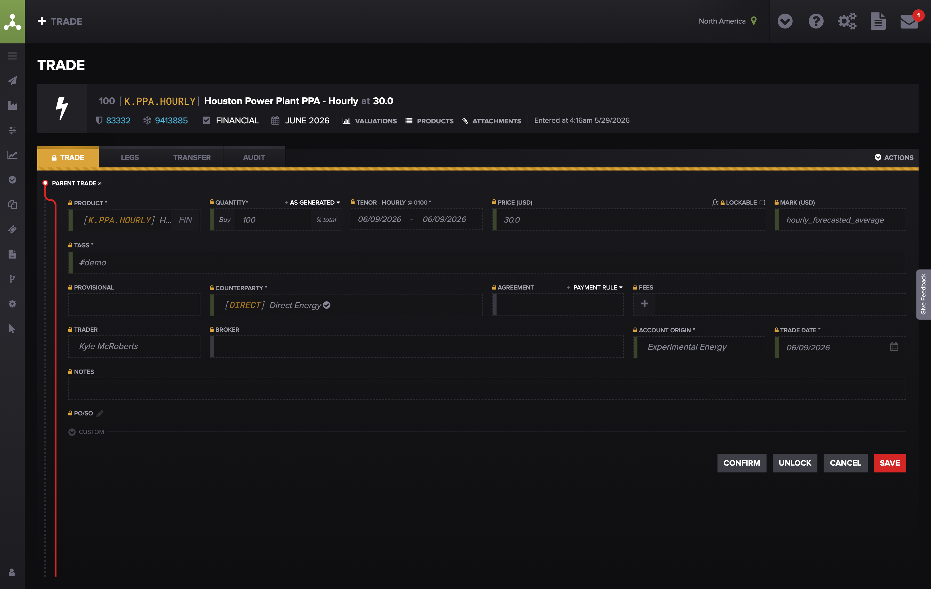 Trade detail showing the Tags (#demo) and Agreement fields — open the trade and review these two fields.