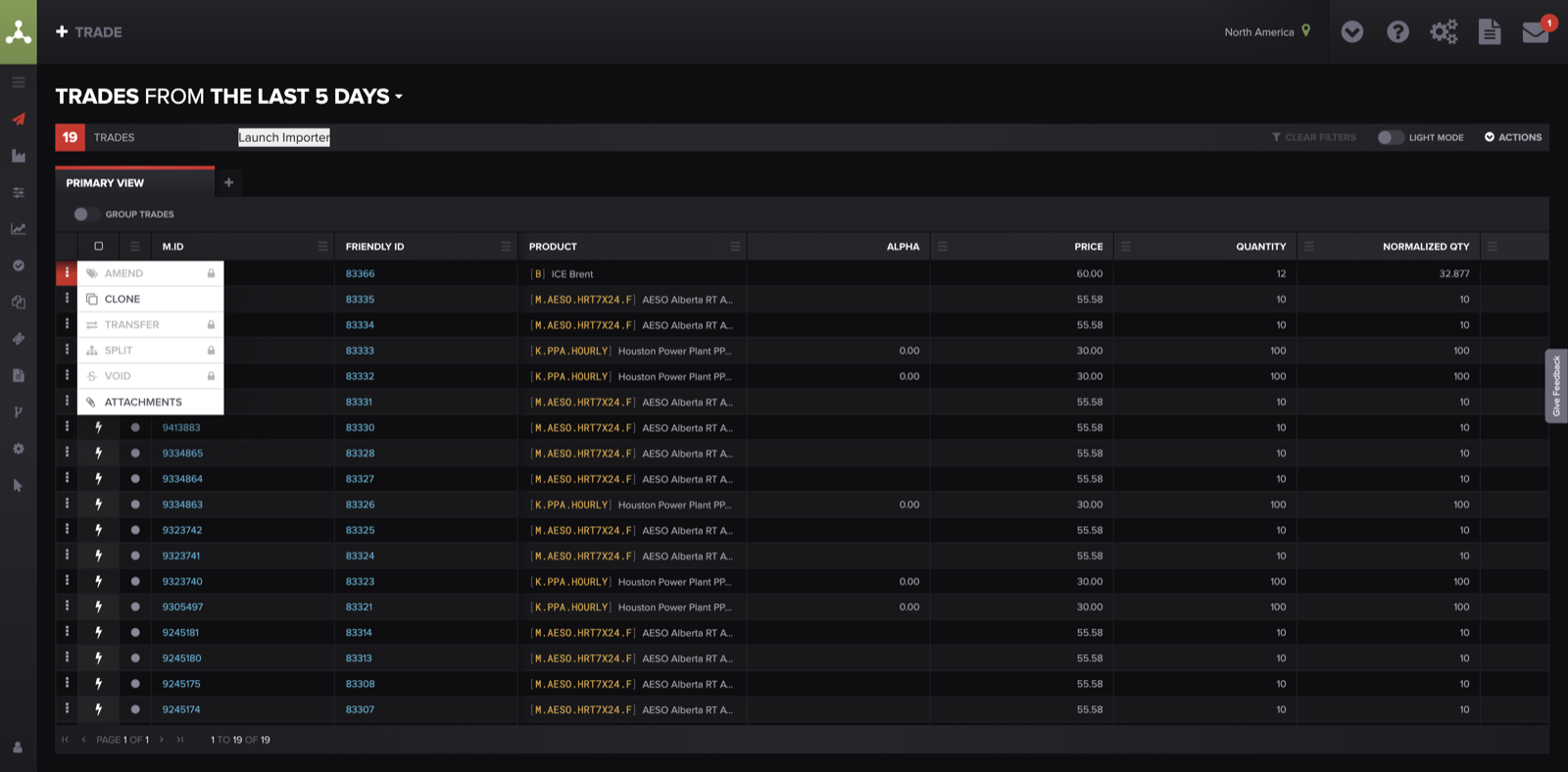 To fix a trade that landed in the wrong place, open the trade's actions (⋮) menu and choose Amend, then change the Book and Trader and Save.