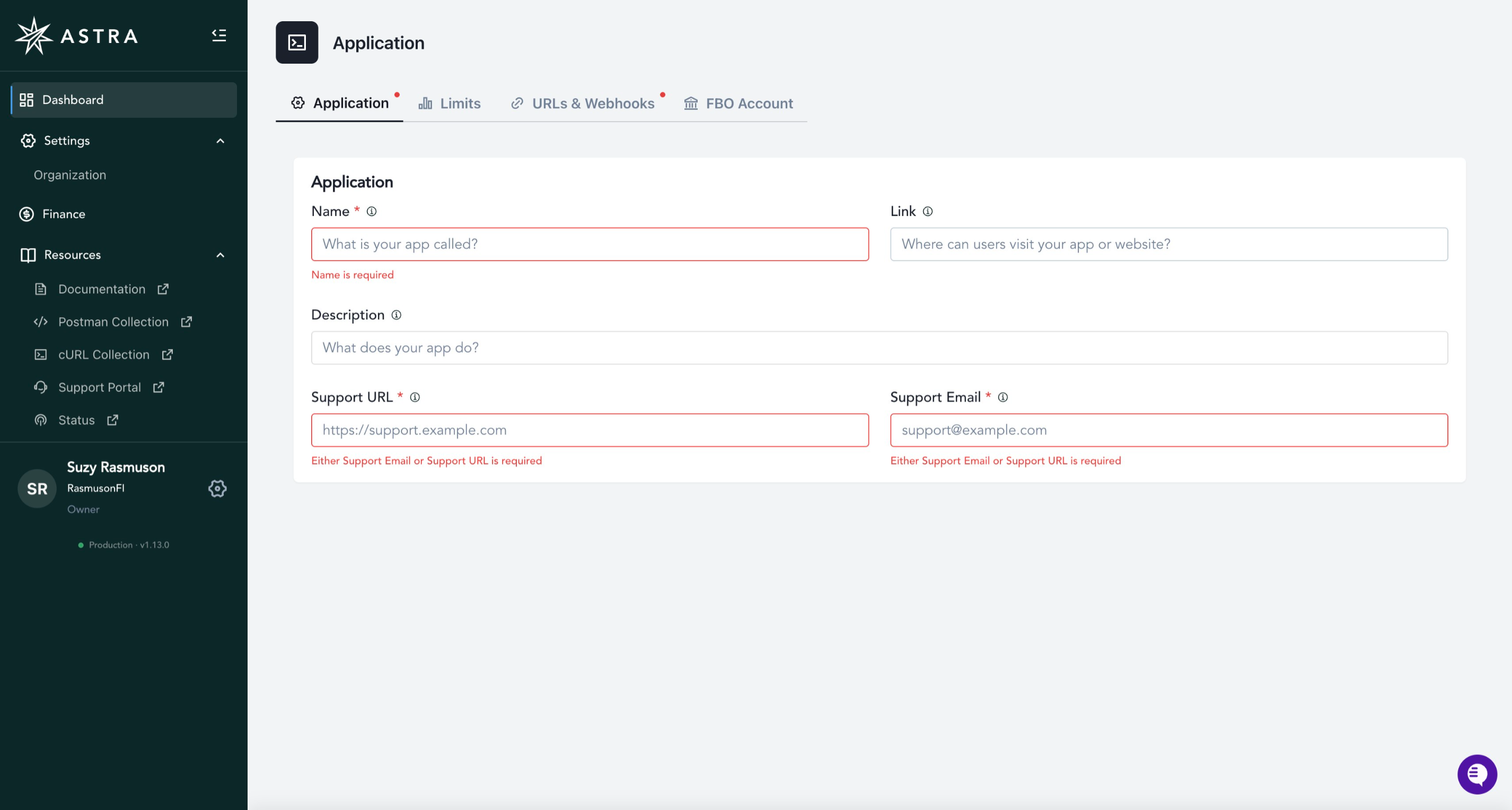 Astra Application Settings Dashboard Page Form with Validation Messages.png Astra Application Settings Dashboard Page Form with Validation Messages.png