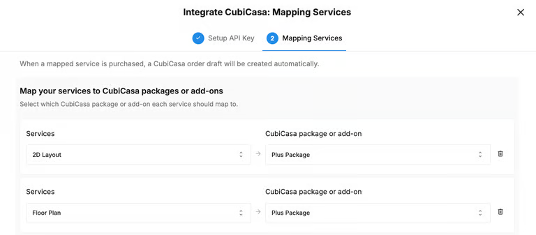 CubiCasa Mapping Services screen showing Tonomo services mapped to CubiCasa packages