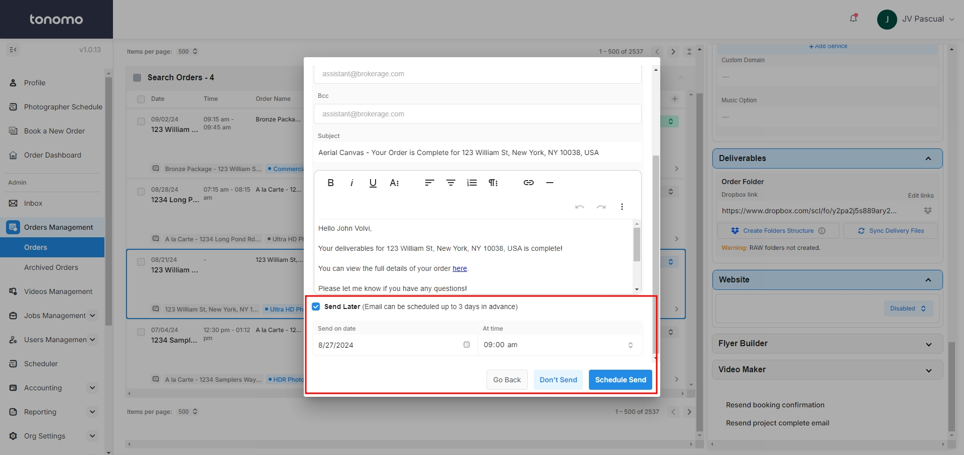 Send Later option in the Tonomo completion email window, with fields for send date, send time, and a Schedule Send button