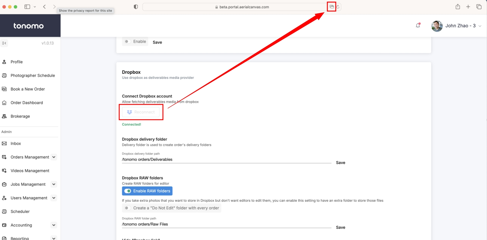 Safari address bar showing the pop-up blocked icon to click after clicking Reconnect