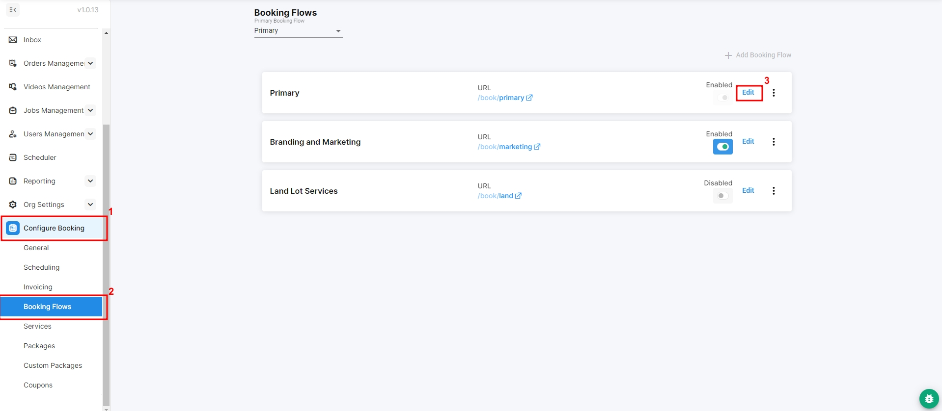 Booking Flows page in Tonomo showing the Edit link for a booking flow