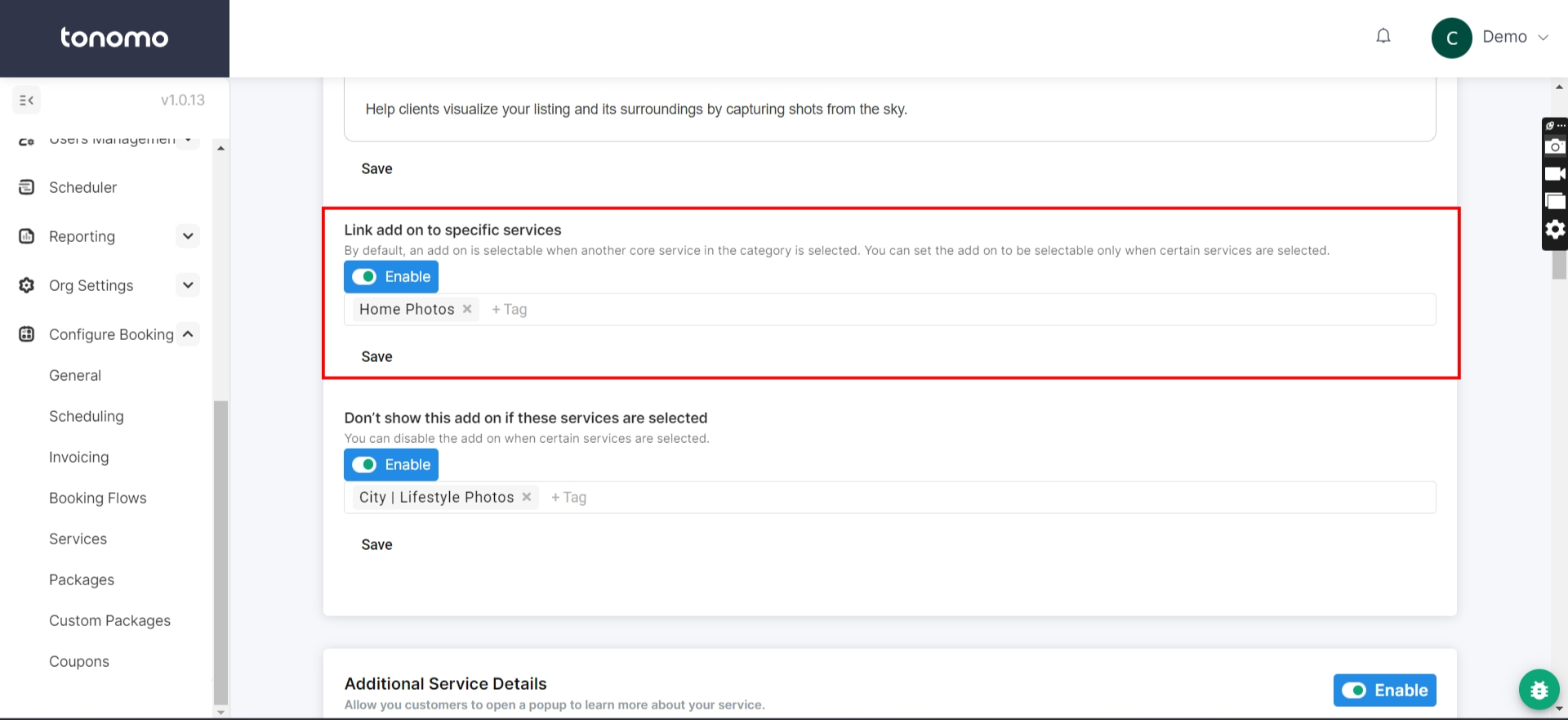 Link add-on to specific services section in Tonomo, showing the Enable toggle and a tagged core service