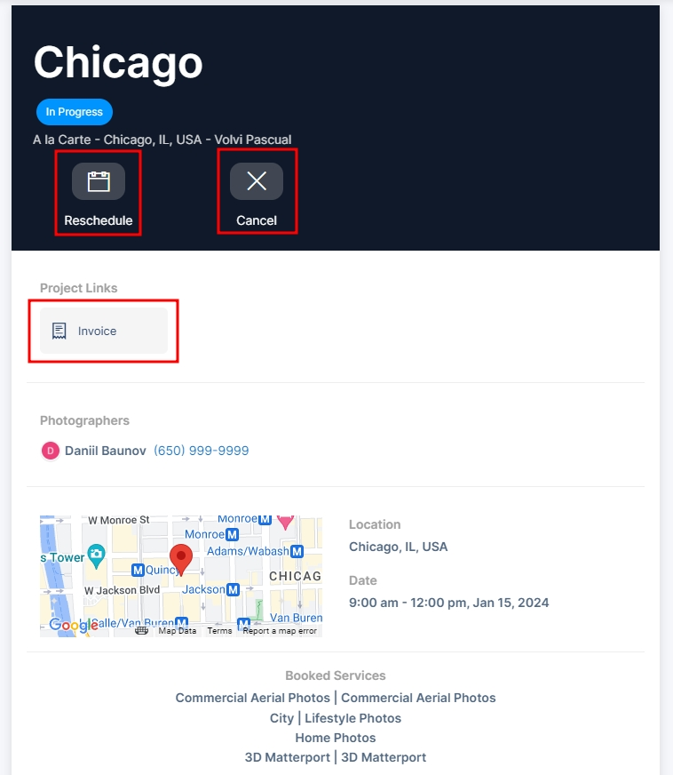 Agent order status page in Tonomo showing the Reschedule and Cancel buttons and the Invoice link under Project Links