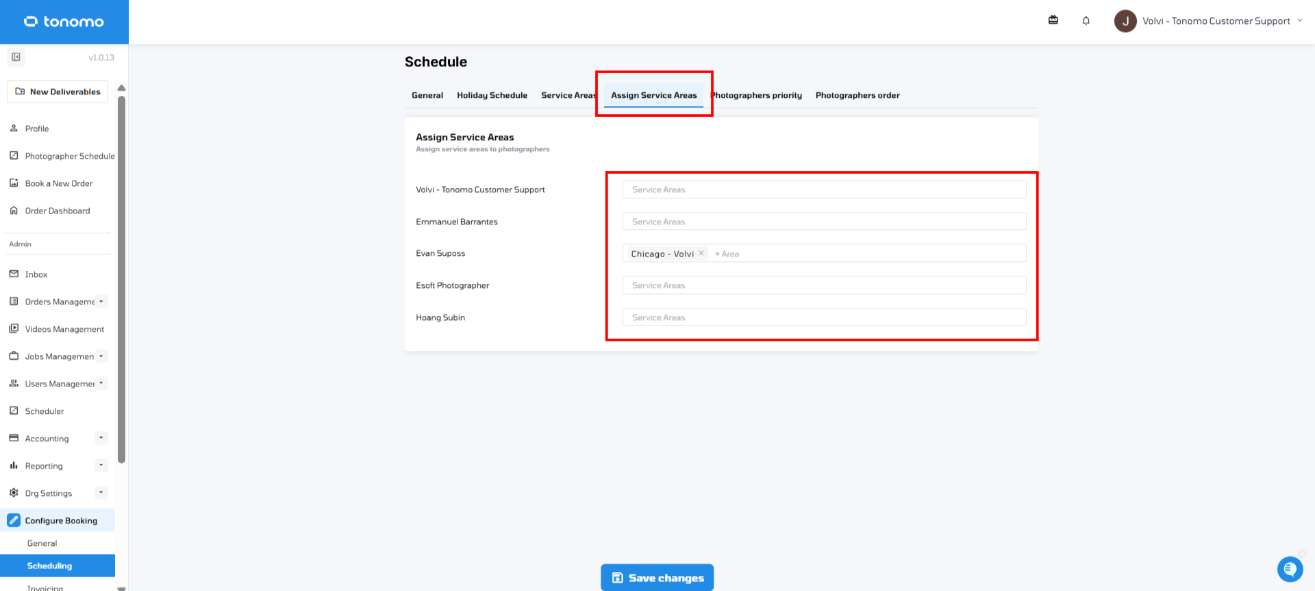 Assign Service Areas tab in Tonomo showing a list of photographers with Service Areas fields to tag them to specific areas