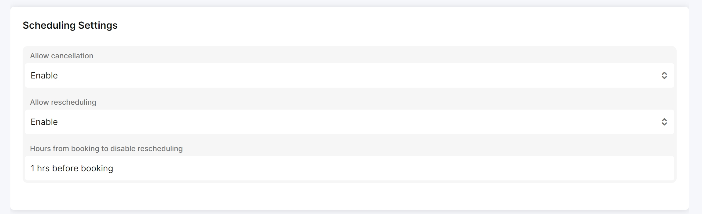 Scheduling Settings panel in Tonomo showing Allow cancellation, Allow rescheduling, and Hours from booking to disable rescheduling