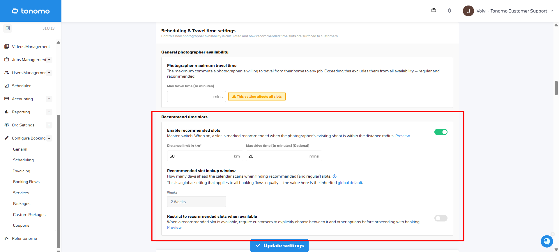 Scheduling and Travel time settings page in Tonomo showing the Recommend time slots section with Enable recommended slots, Distance limit, Max drive time, Recommended slot lookup window, and Restrict to recommended slots when available