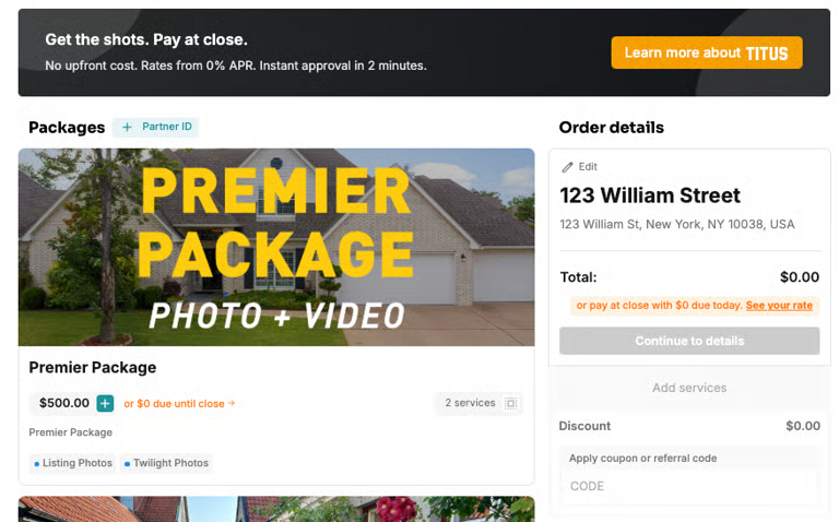 Booking page showing the Get the shots, pay at close promotion banner and the order details panel with the pay at close option