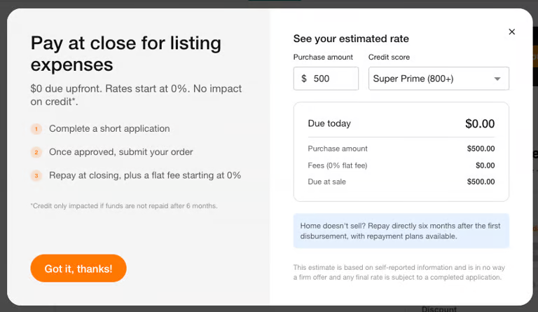 Pay at close estimated rate modal showing purchase amount, credit score, and the amount due today versus due at sale