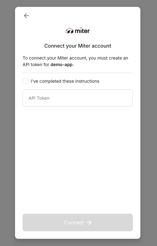 miter-step2.png Finch Connect Miter API Token prompt