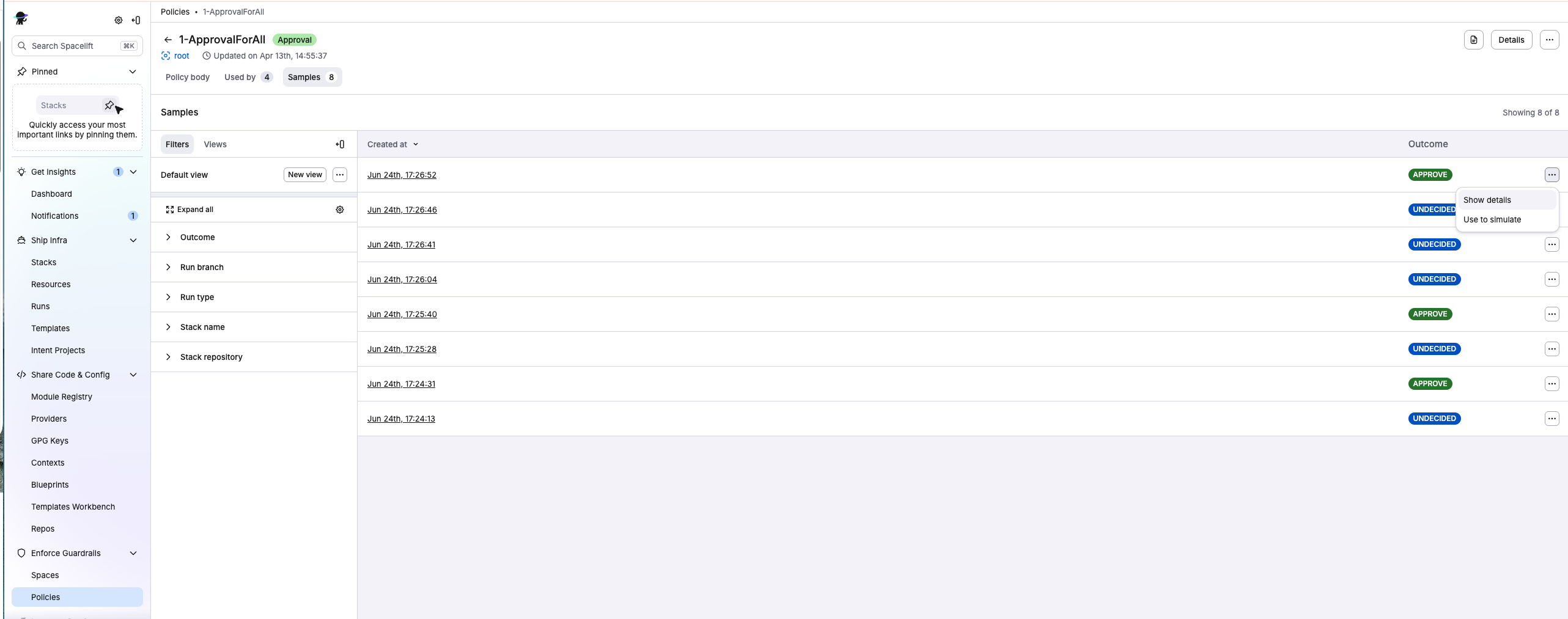 Image of a software policy editor UI showing a list of policy samples with outcomes like APPROVE and UNDECIDED.