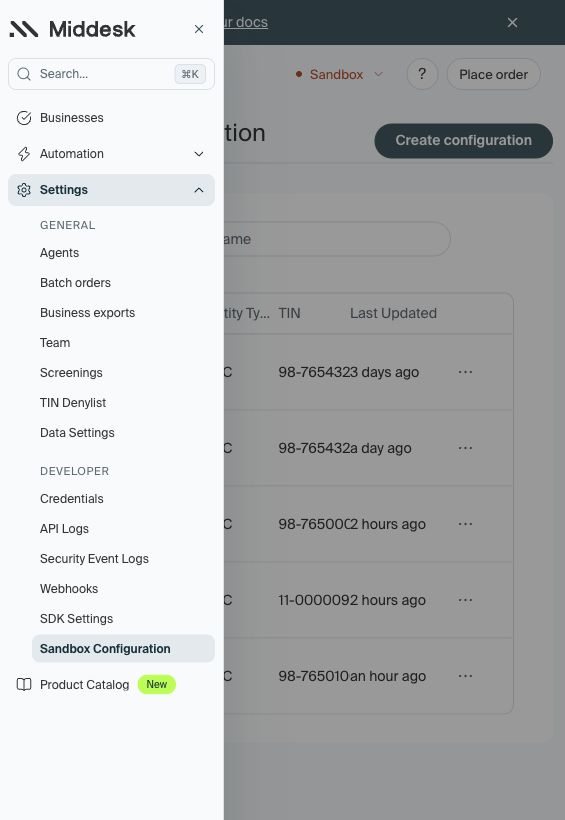 Select Sandbox and open Settings, Sandbox Configuration, then Create configuration.