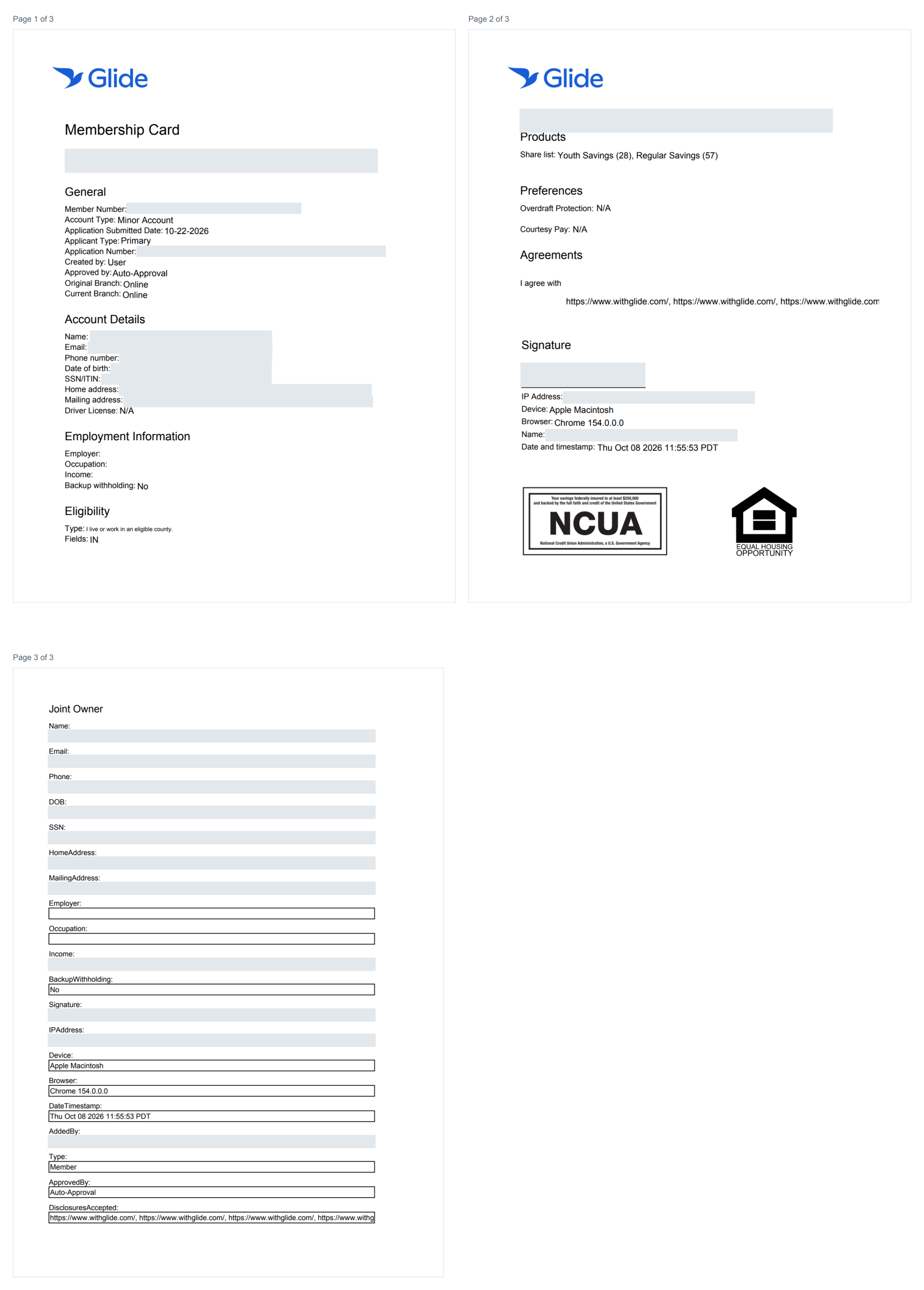 Complete three-page minor membership signature card with identifying details hidden Complete three-page minor membership signature card with identifying details hidden