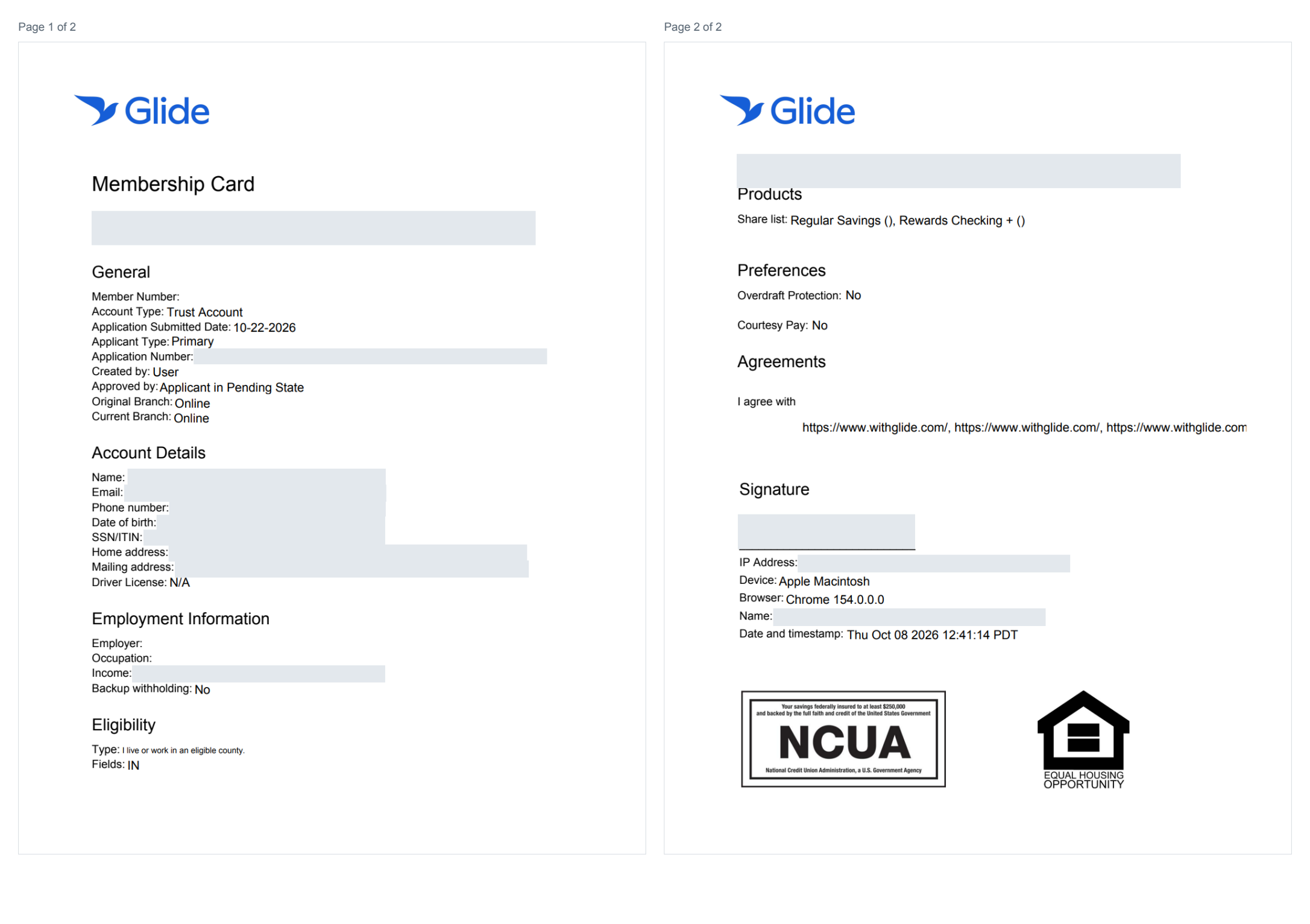 Complete two-page trust membership signature card with identifying details hidden Complete two-page trust membership signature card with identifying details hidden