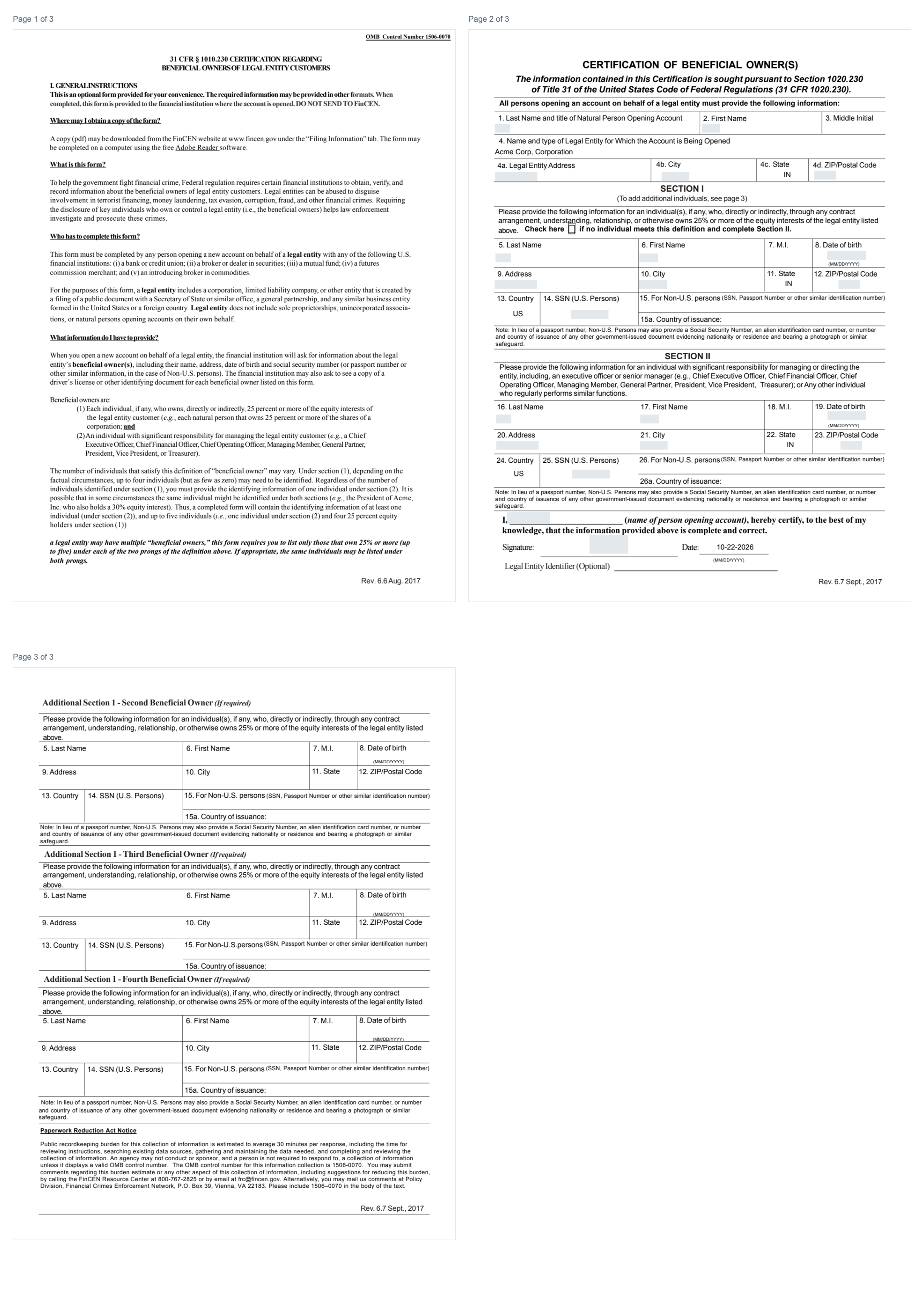 Complete three-page FinCEN beneficial-owner form with identifying details hidden Complete three-page FinCEN beneficial-owner form with identifying details hidden