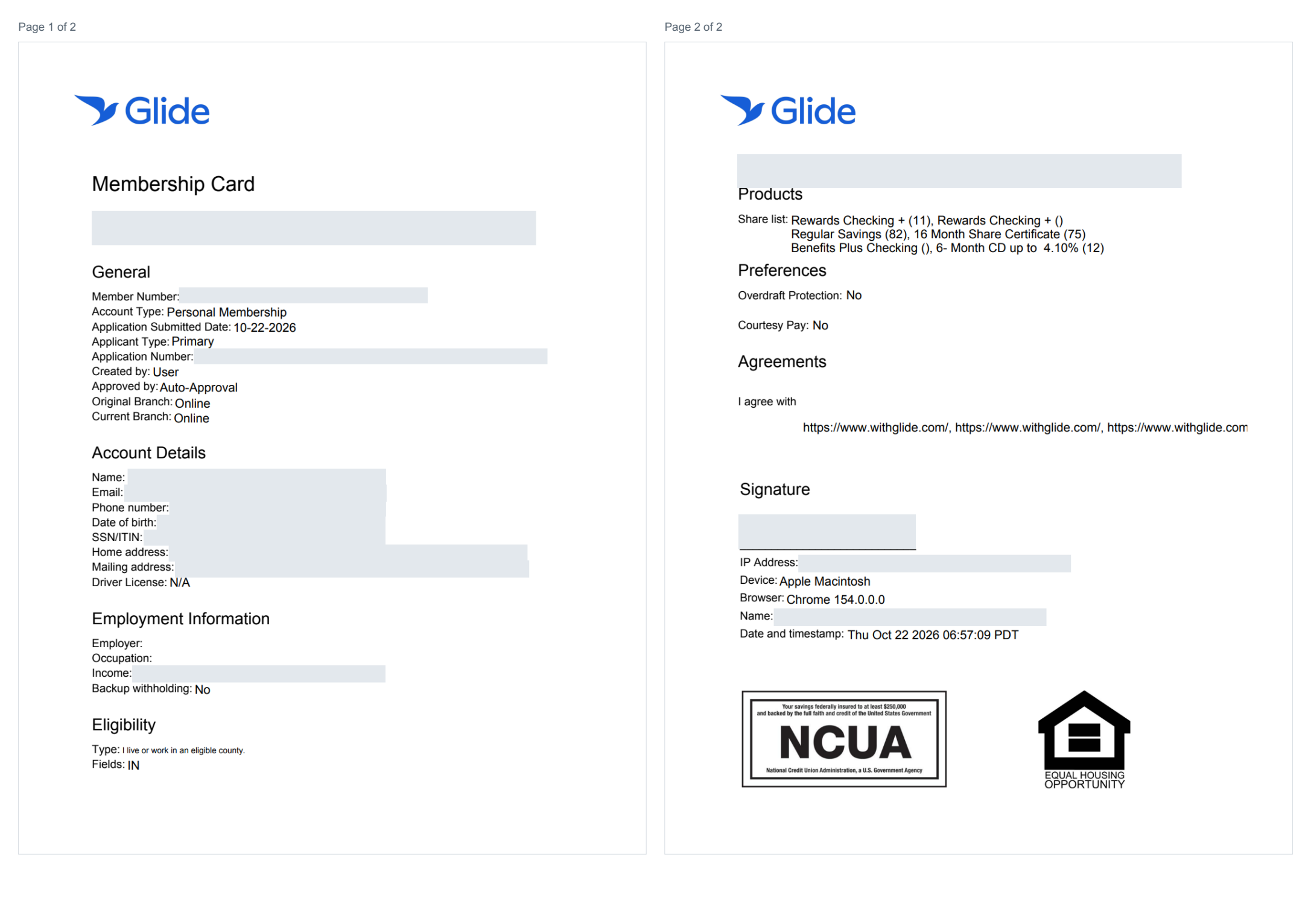 Complete two-page personal membership signature card with identifying details hidden Complete two-page personal membership signature card with identifying details hidden