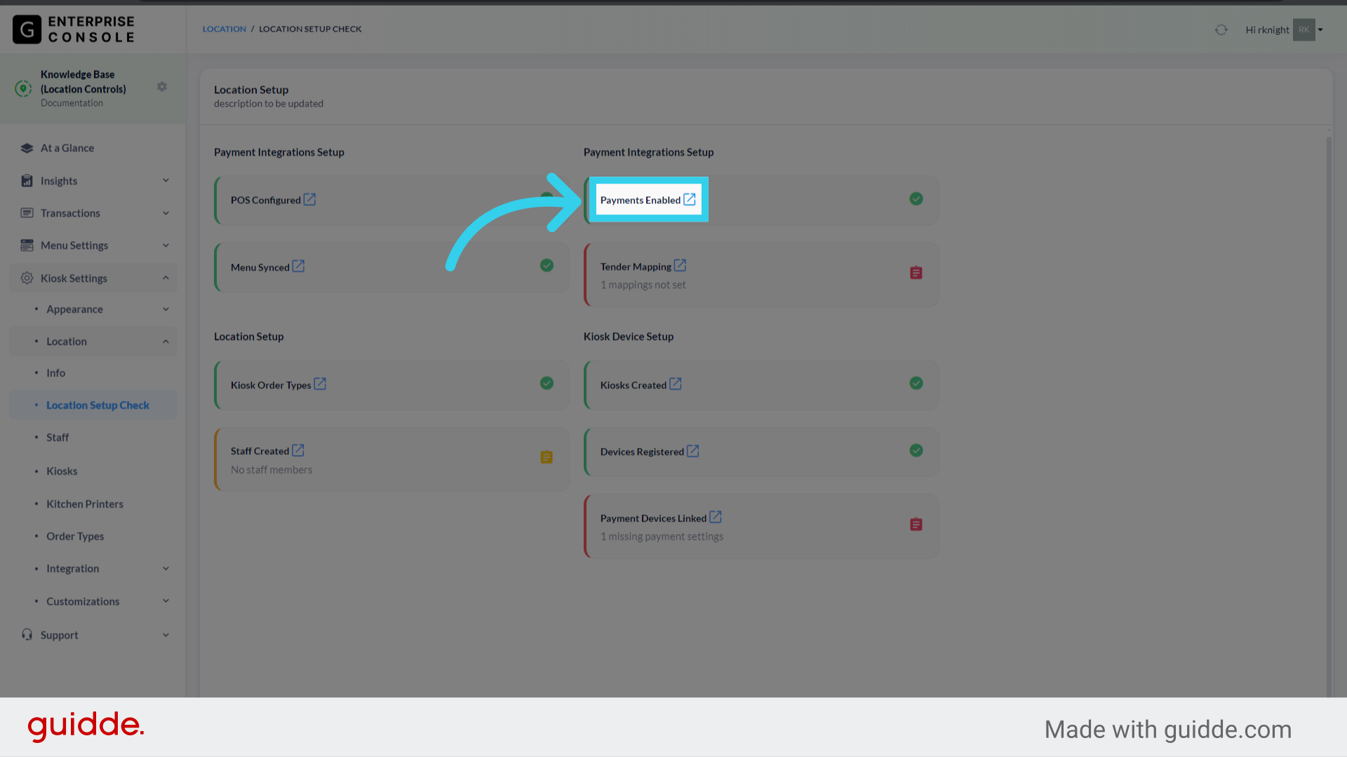 'Payments Enabled' tracks whether or not we've linked the Console with the client's Payment Device(s)