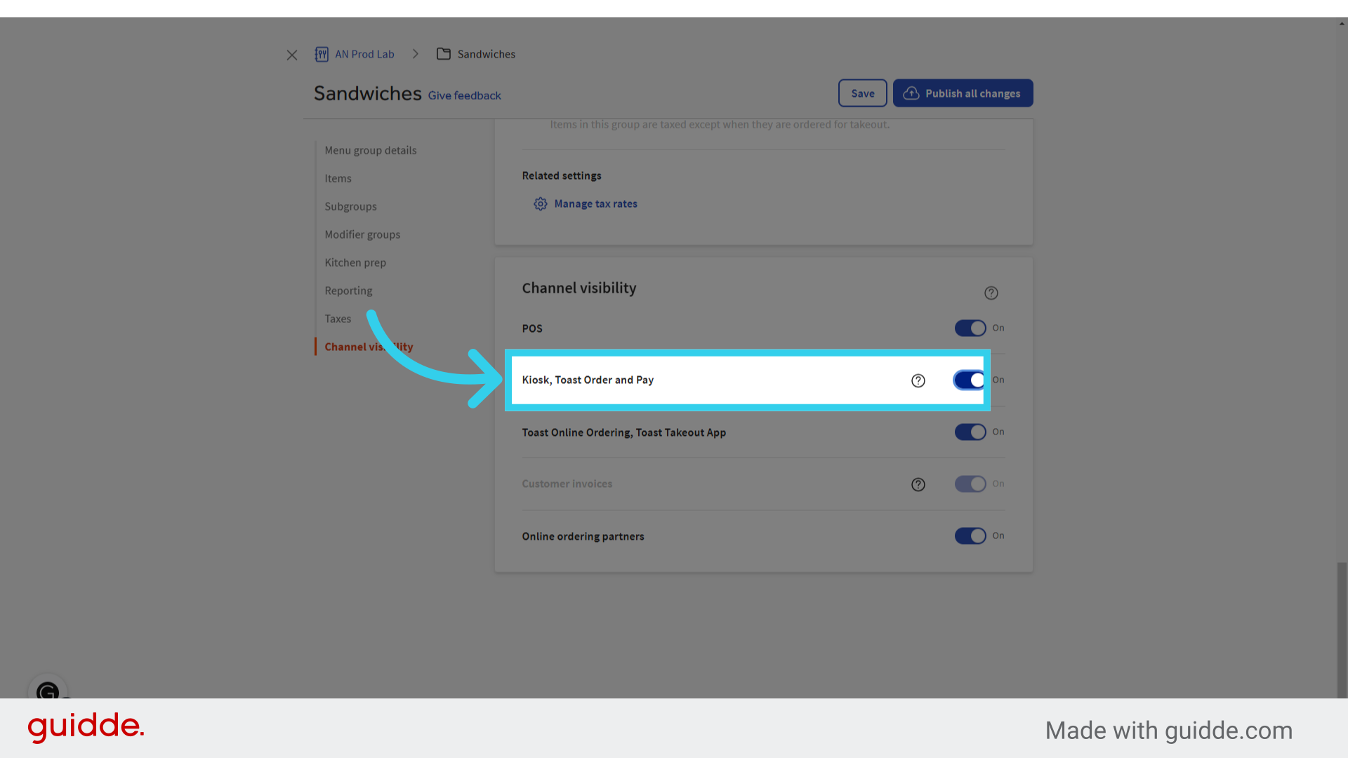 Make sure that the item or category is marked 'On' for your Kiosk channel