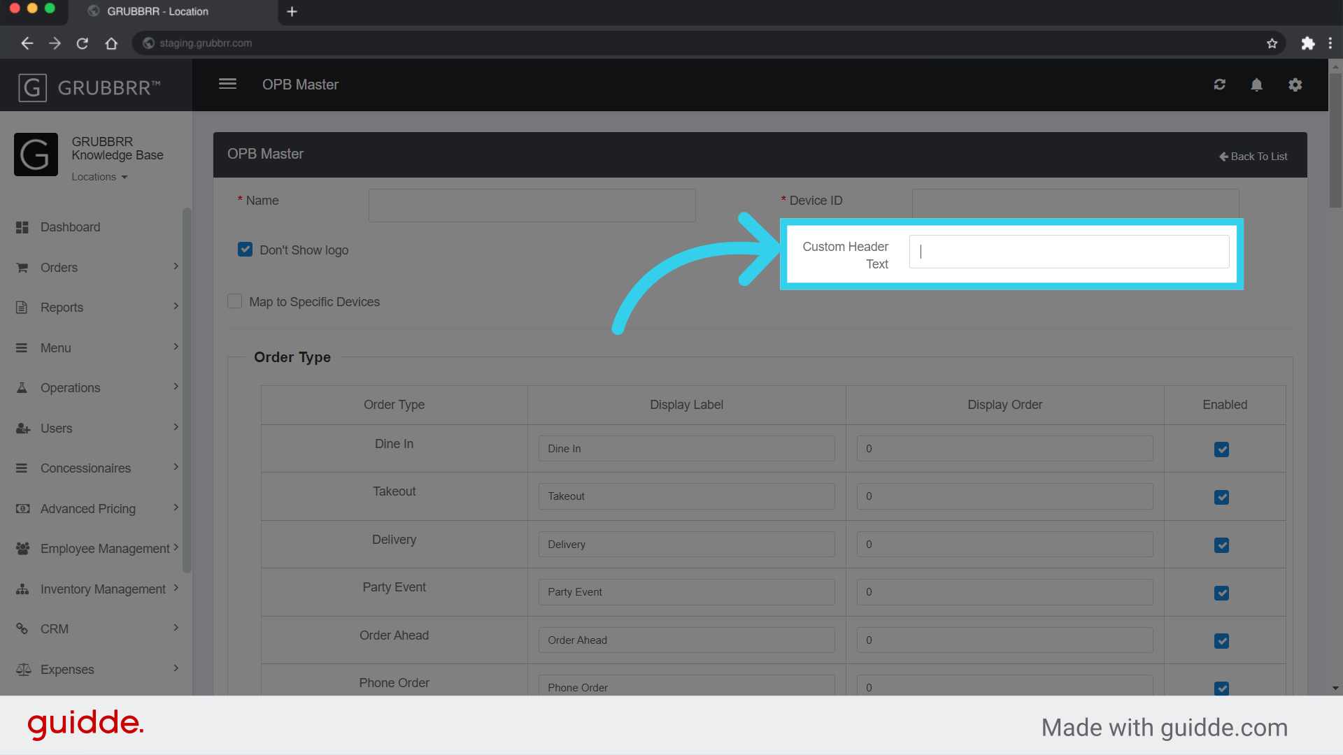 The 'Custom Header Text' field only opens if 'Don't Show Logo' is selected