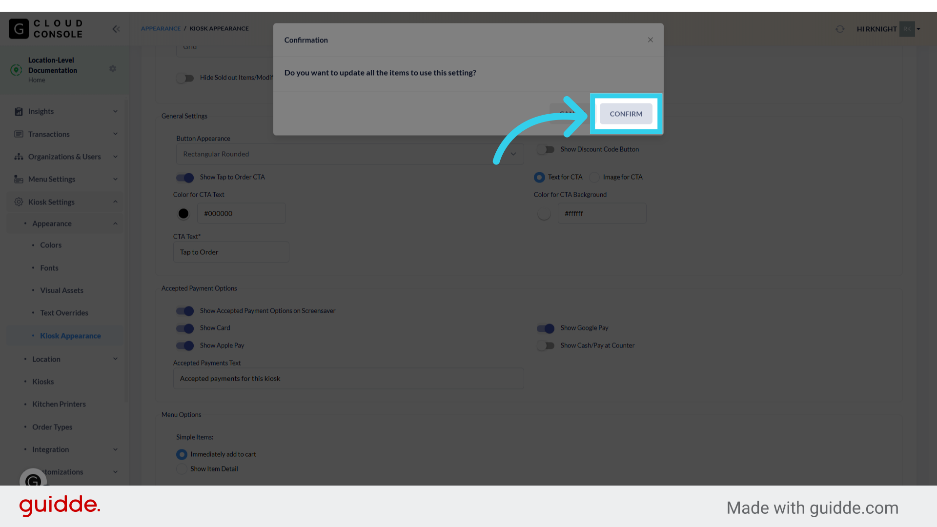 Click 'Confirm' to apply your changes across your menu