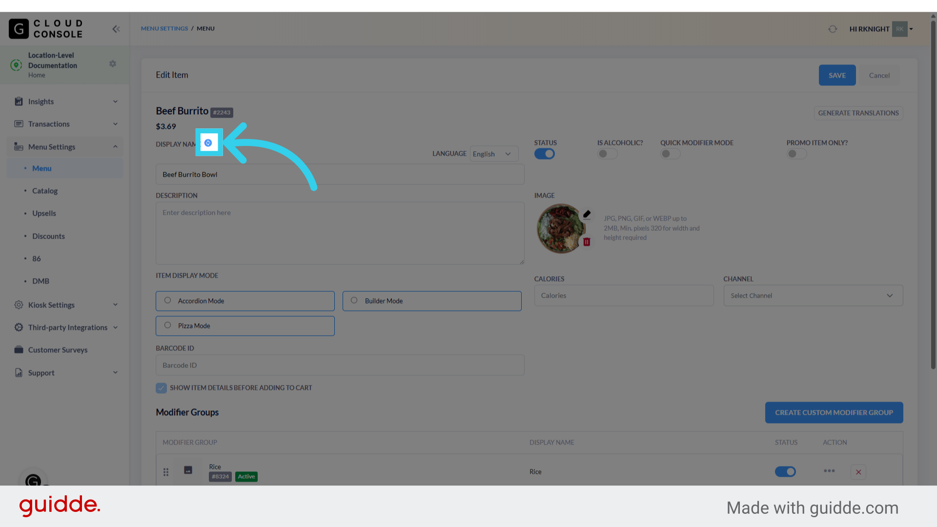 You can click on the icon to tell the Console to revert the override back to POS defaults during the next menu sync