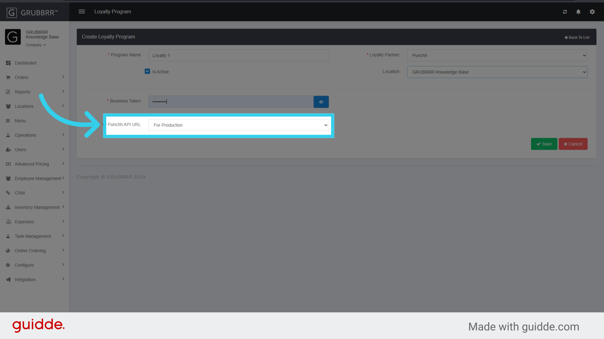 Select 'For Production' from the 'Punchh API URL' Dropdown