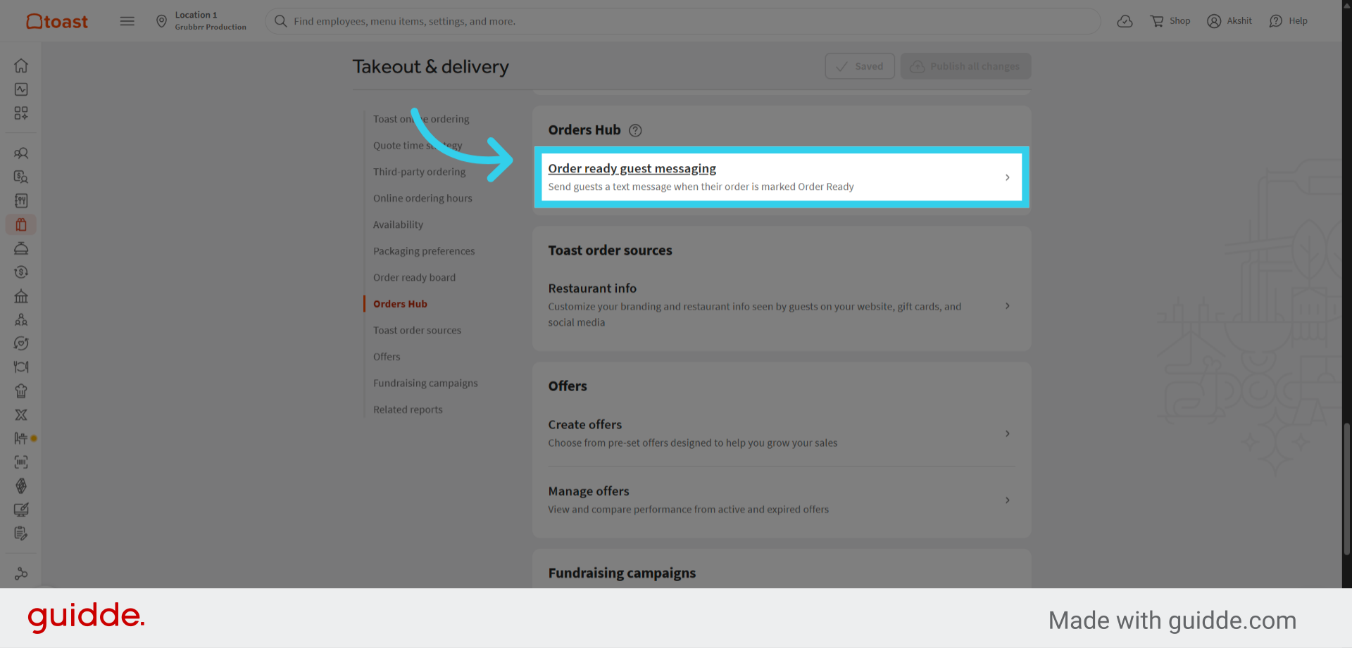 Click 'Order ready guest messaging'
