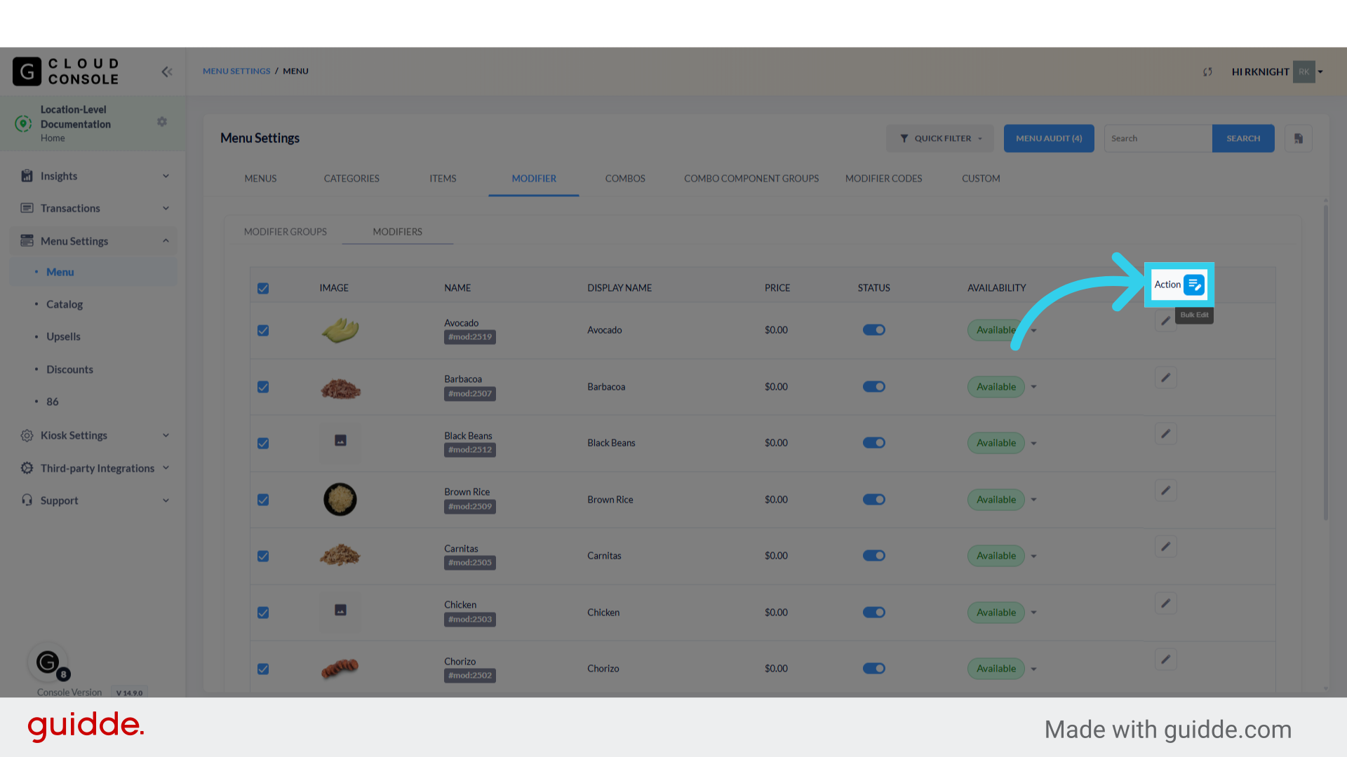 Then we can click the blue 'Bulk Edit' button at the top of the action column