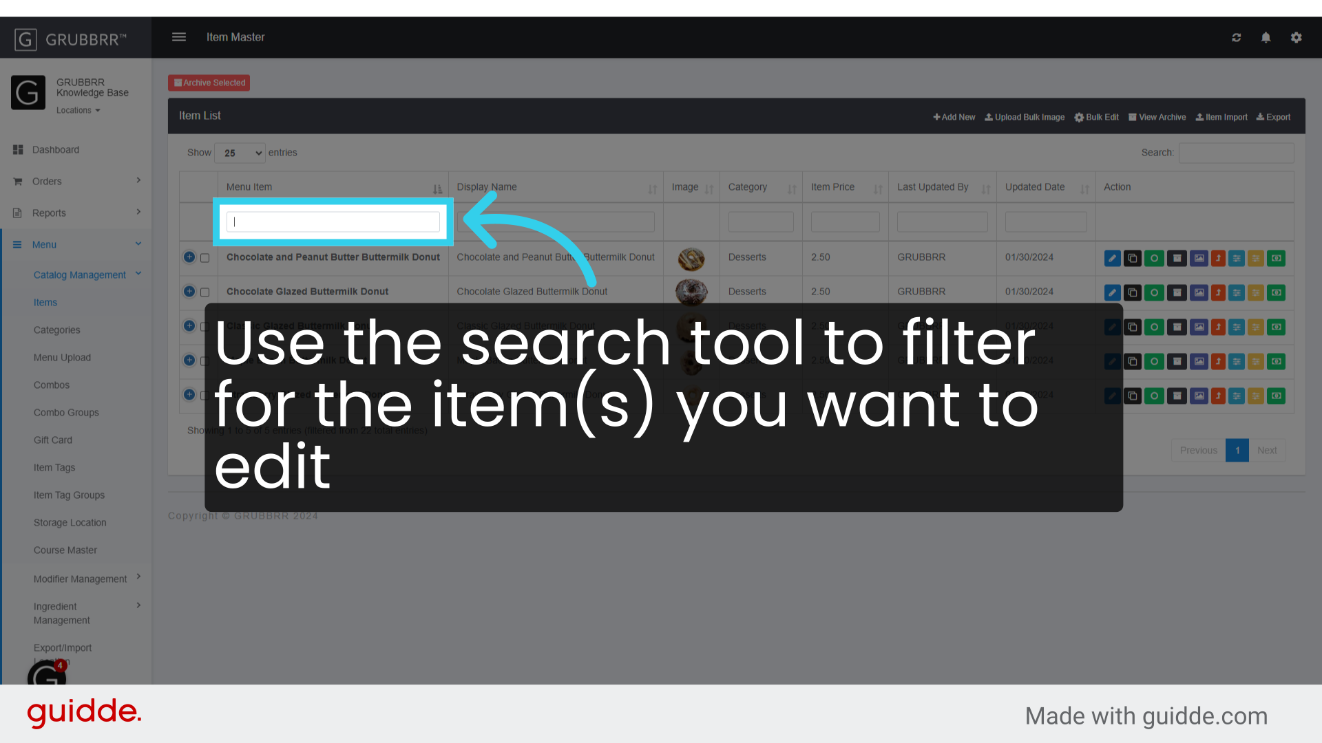 Use the search tool to filter for the item(s) you want to edit