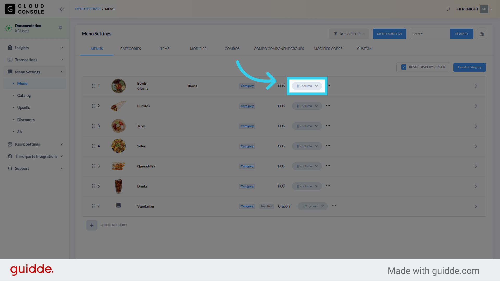 You can also choose whether your Kiosk displays menu items in a 1, 2, or 3 column view