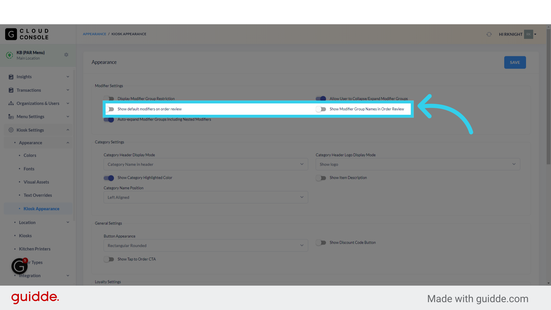 'Show Default Modifiers' and 'Show Modifier Group Names' both add additional information to the 'Details' dropdown on the order confirmation screen