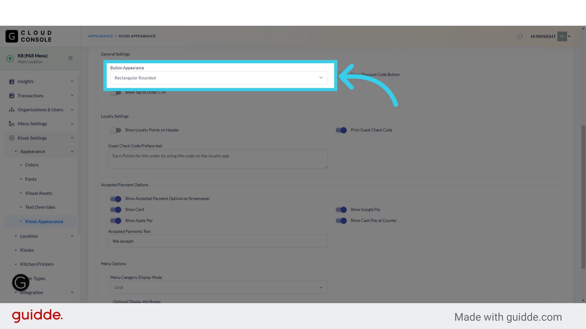 The 'Button Appearance' option allows us to configure whether the Kiosk uses rectangle or oval buttons in its UI