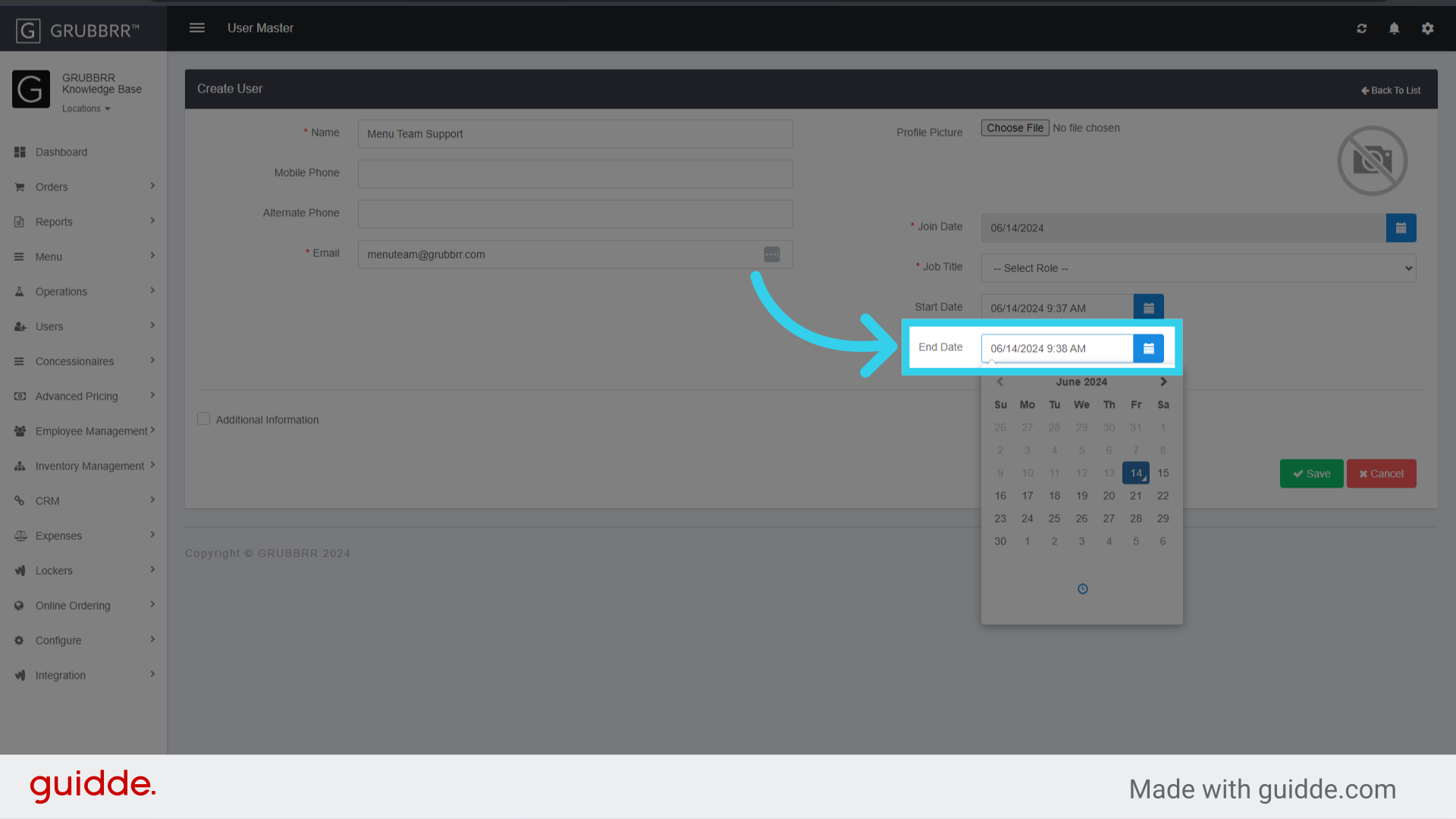 Assign an end date when the user will lose access to the GRUBBRR Portal