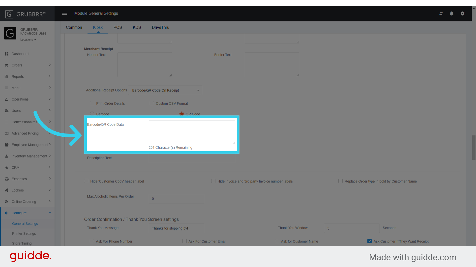 Enter the data to include in the receipt code