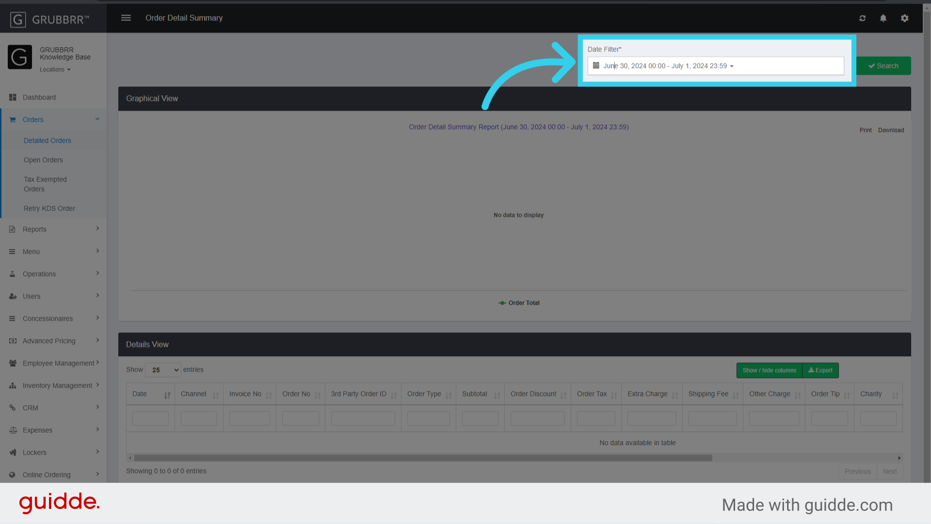 Use the Date Filter to search for transactions on a specific day, or within a range of dates